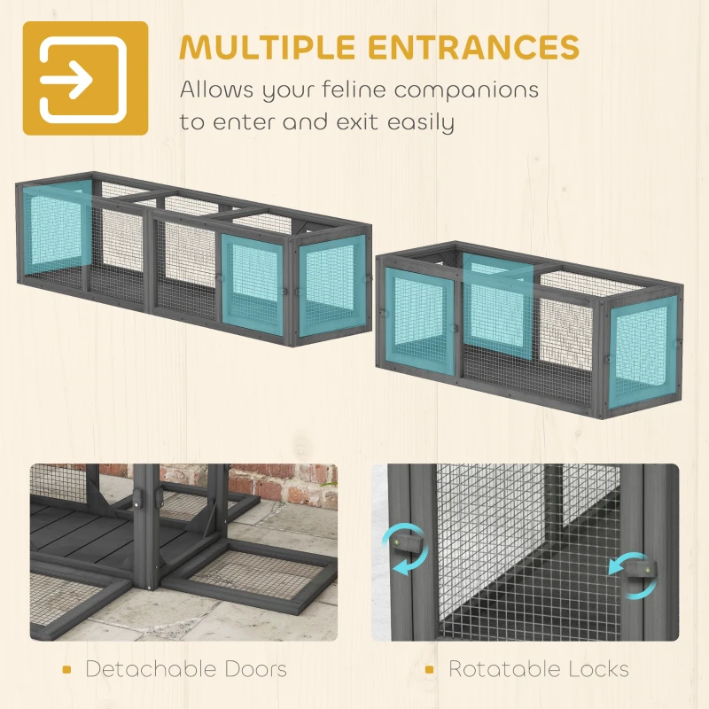 PawHut Cat Tunnel, Outdoor Cat Enclosure with Combinable Design, 8 Doors, 98" Kitty Toys for House, Window, Cage, Dark Grey