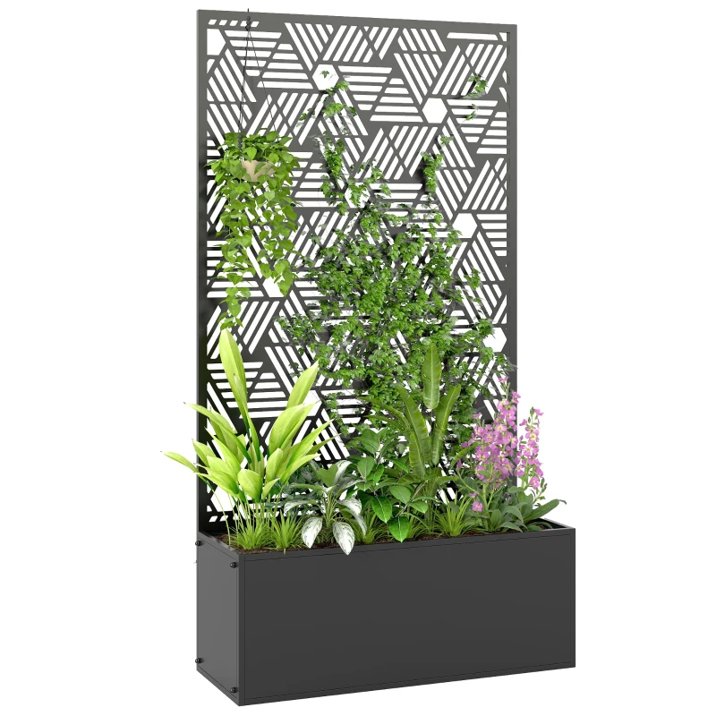 Outsunny Metal Planter Box with Trellis, 44.5" Tall Raised Garden Bed with Privacy Screen, Hexagon and Line Cut-Out