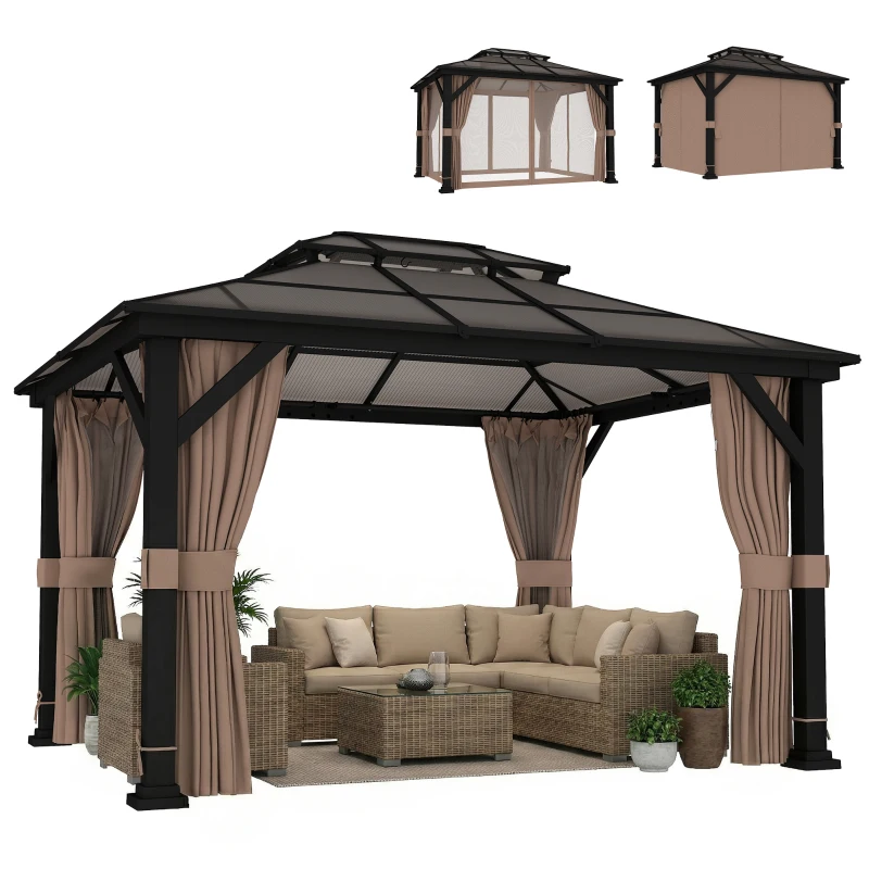 Outsunny 10' x 12' Hardtop Gazebo Canopy with Double PC Roof, Steel Permanent Outdoor Gazebo with Curtains and Netting, Khaki