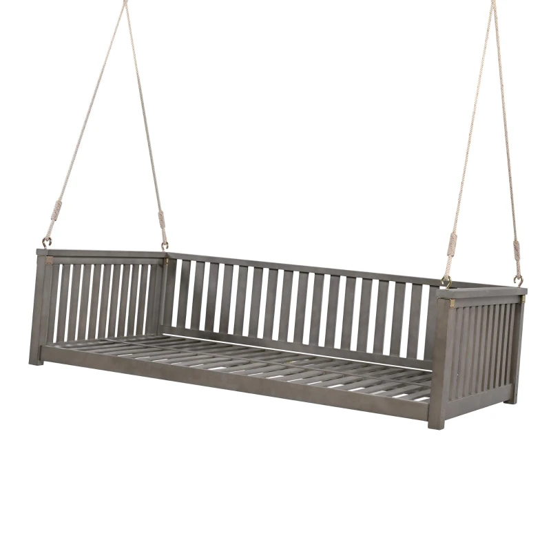 Minimalist Swing Bed with Safe Sloped Design for Backyard, Wooden Porch Swing with High Weight Capacity, 79" L x 41.5" W x 21" H, Gray