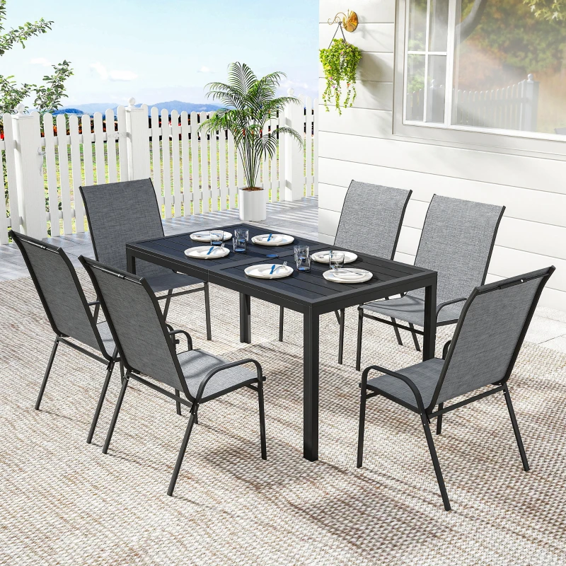 Outsunny Outdoor Dining Set for 6, Faux Wood Metal Patio Table and Mesh Stackable Chairs with Umbrella Hole, Mixed Grey