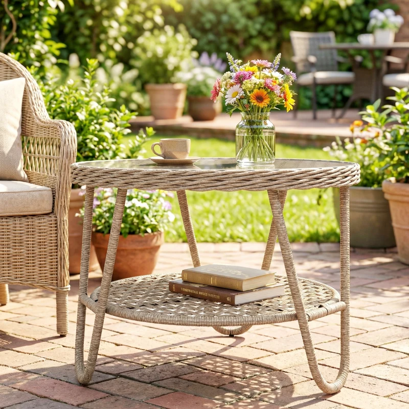 Outsunny Rattan Outdoor Coffee Table, 2-Tier Small Garden Side Table with Storage Shelf, Tempered Glass Top, Adjustable Footpads