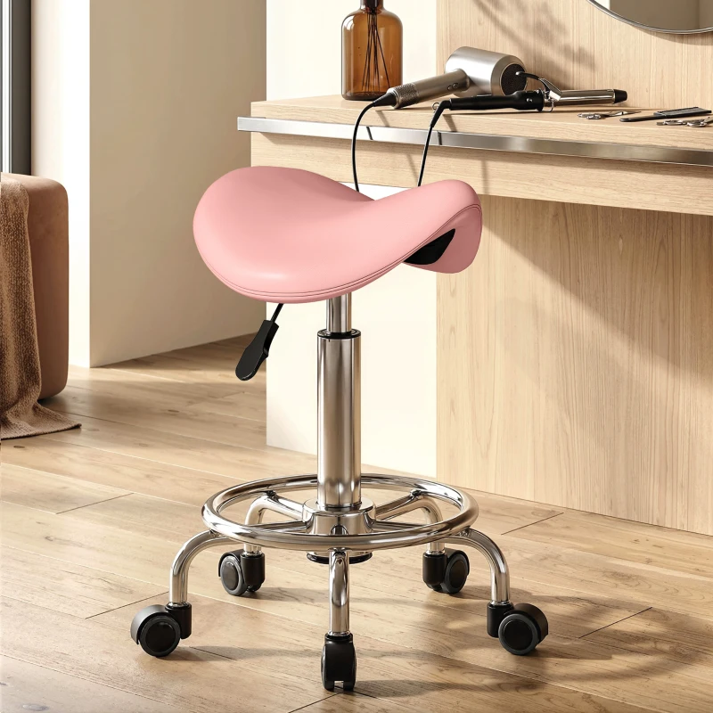 HOMCOM Saddle Stool, PU Leather Adjustable Rolling Salon Chair, Pink