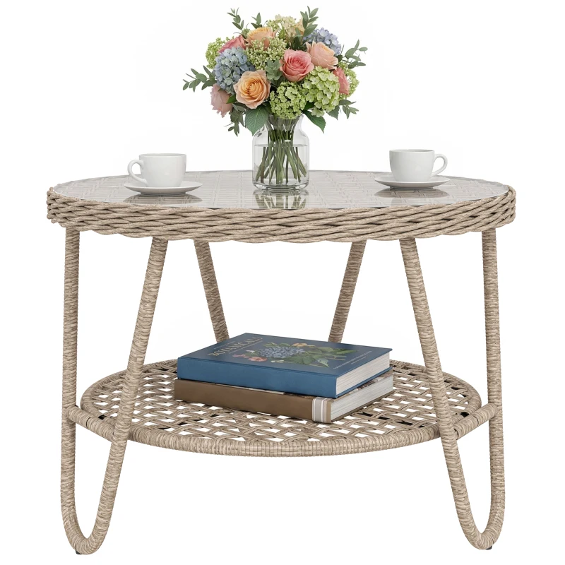 Outsunny Rattan Outdoor Coffee Table, 2-Tier Small Garden Side Table with Storage Shelf, Tempered Glass Top, Adjustable Footpads