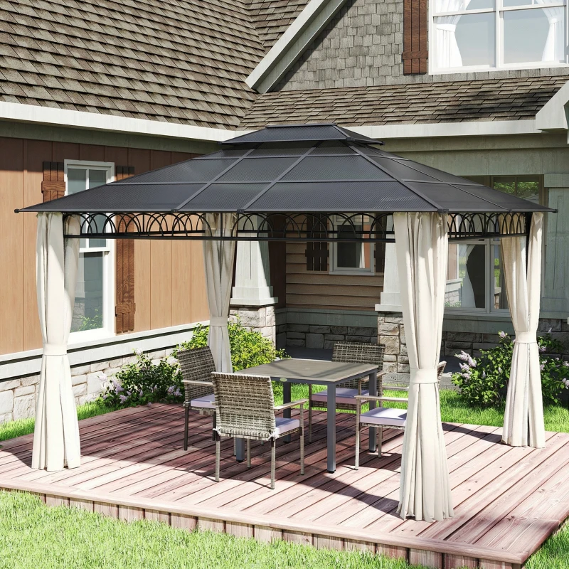 Outsunny 10' x 12' Outdoor Gazebo Canopy, Double Roof Hardtop Gazebo with Polycarbonate Roof, Steel Frame, Nettings and Curtains