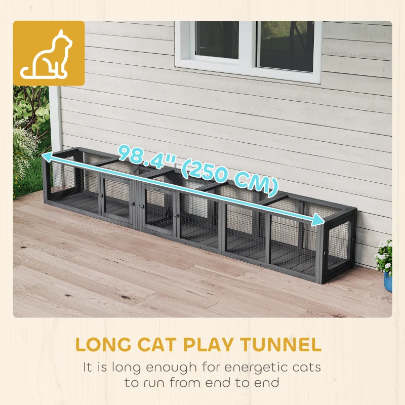 PawHut Cat Tunnel, Outdoor Cat Enclosure with Combinable Design, 8 Doors, 98" Kitty Toys for House, Window, Cage, Dark Grey