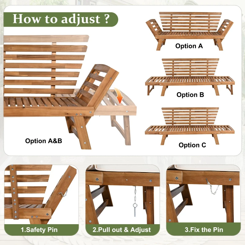 Expandable Acacia Wood Daybed with Cushions, Adjustable Patio Chaise Lounge for Compact Space, 78.5" L x 21.5" W x 32" H, Natural+Beige