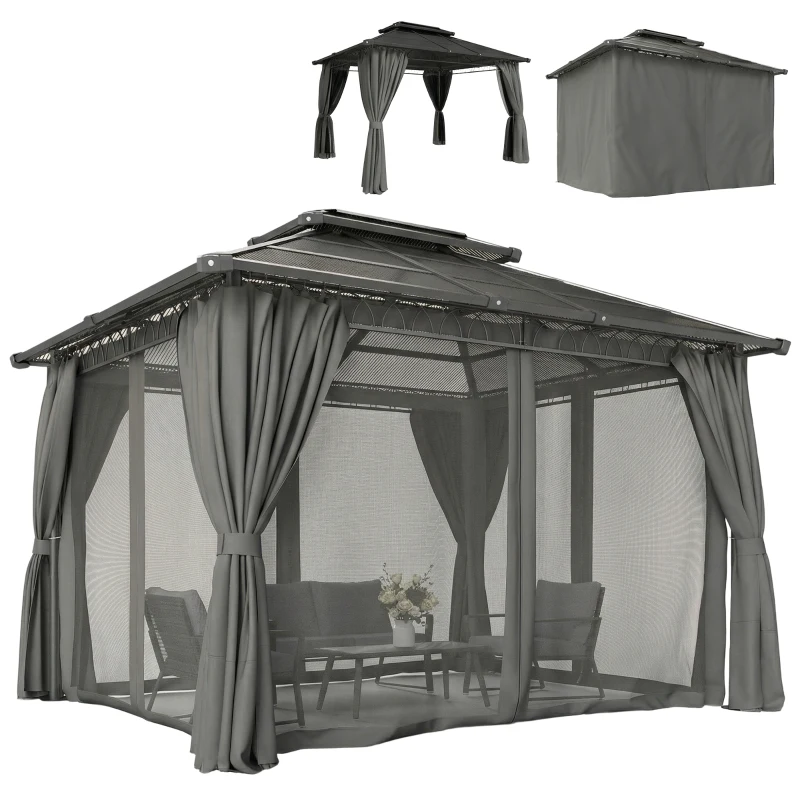 Outsunny 10' x 12' Outdoor Gazebo Canopy, Double Roof Hardtop Gazebo with Polycarbonate Roof, Steel Frame, Nettings and Curtains