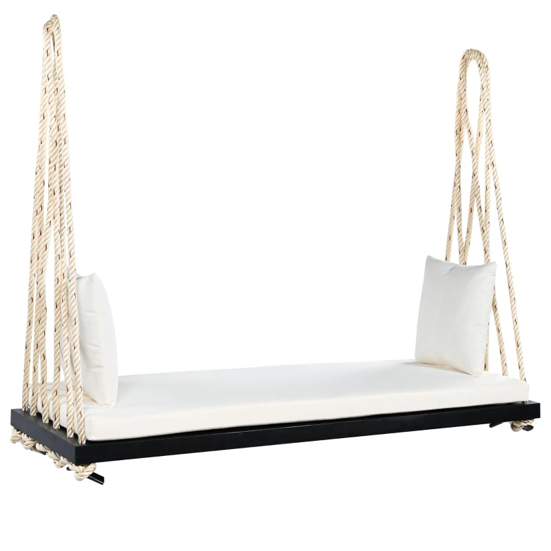 Acacia Wood Porch Swing with Plush Cushion & 2 Throw Pillow, Hanging Swing Bench for Garden & Backyard, 63'' L x 23.5'' W x 2'' H, Black