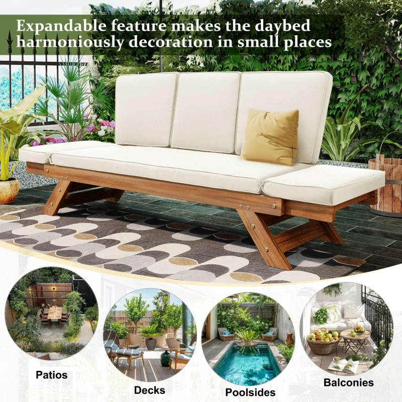 Expandable Acacia Wood Daybed with Cushions, Adjustable Patio Chaise Lounge for Compact Space, 78.5" L x 21.5" W x 32" H, Natural+Beige