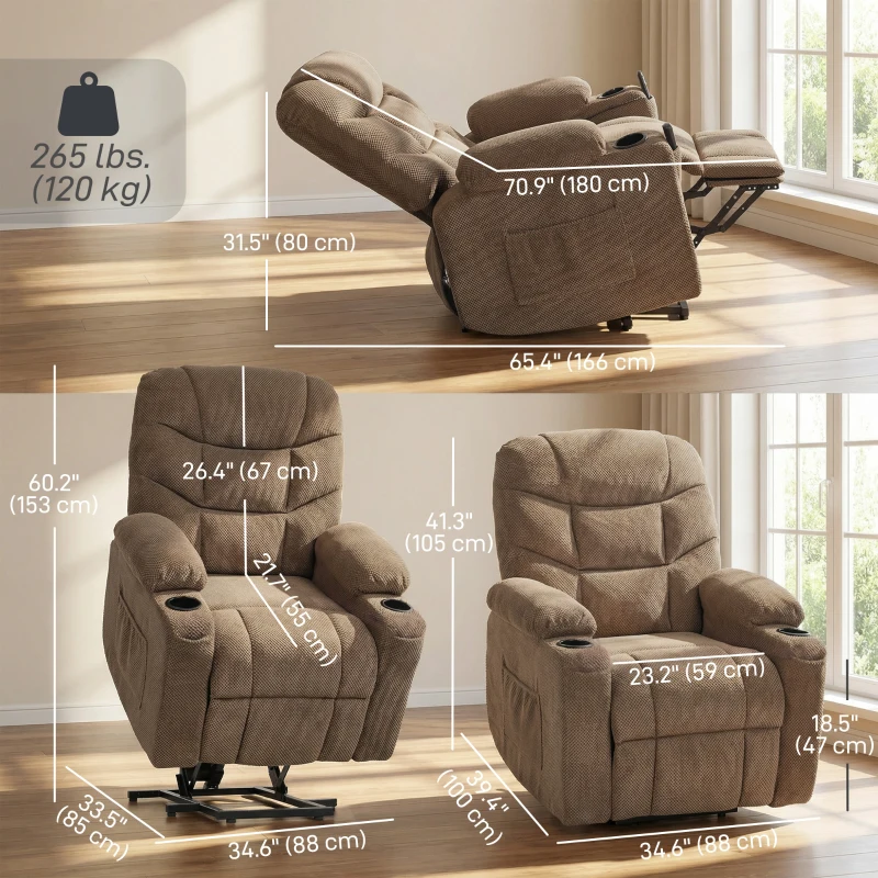 HOMCOM Power Recliner Chair with Massage, Electric Lift Chair for Elderly with Side Pockets, Cup Holders, Remote, Brown