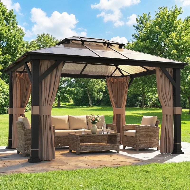 Outsunny 10' x 12' Hardtop Gazebo Canopy with Double PC Roof, Steel Permanent Outdoor Gazebo with Curtains and Netting, Khaki