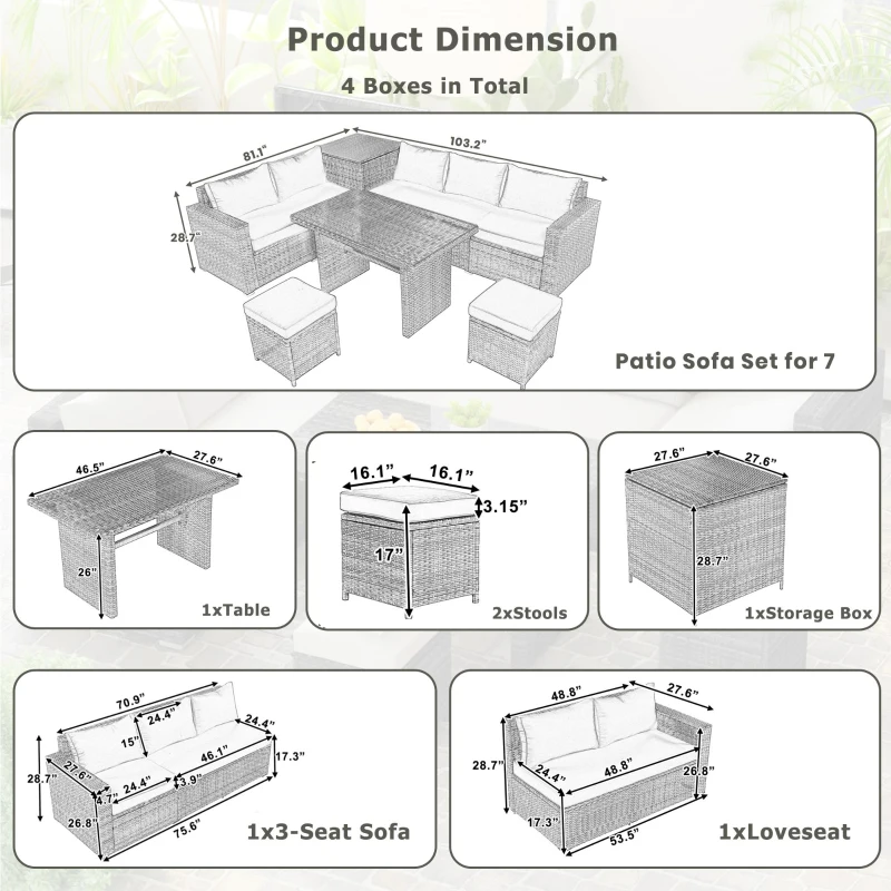 6-Piece Patio Rattan Set with Adjustable Lounger & Storage Box, All-Weather Wicker Furniture for Garden, 75.5" L x 27.5" W x 28.5" H, Natural