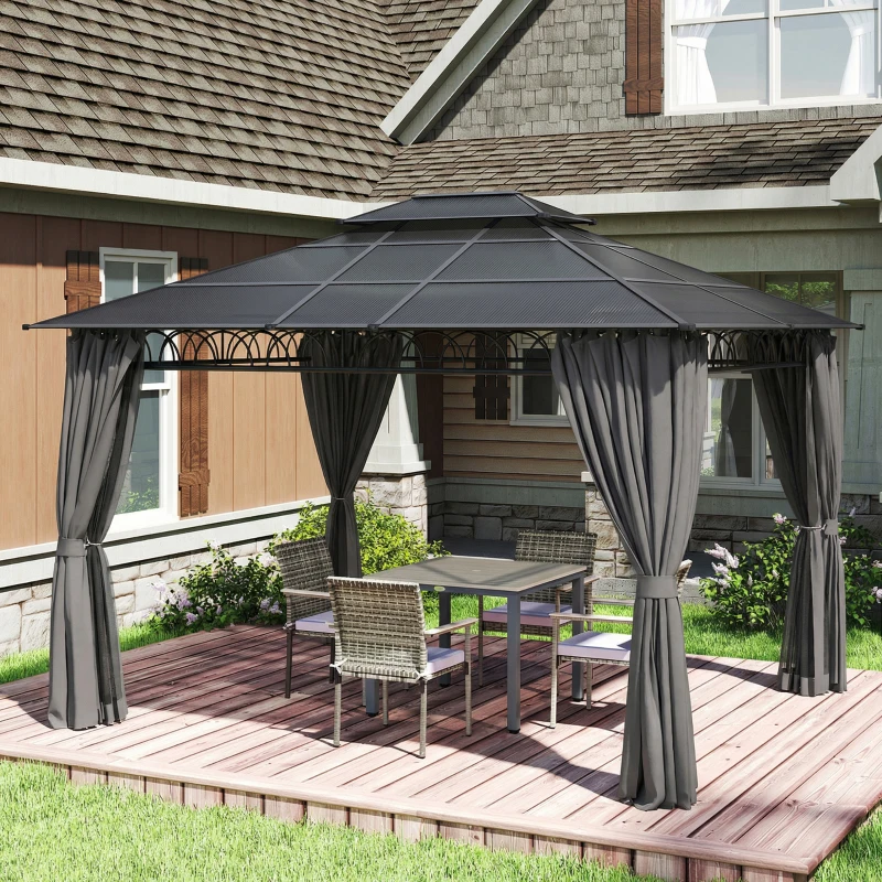 Outsunny 10' x 12' Outdoor Gazebo Canopy, Double Roof Hardtop Gazebo with Polycarbonate Roof, Steel Frame, Nettings and Curtains