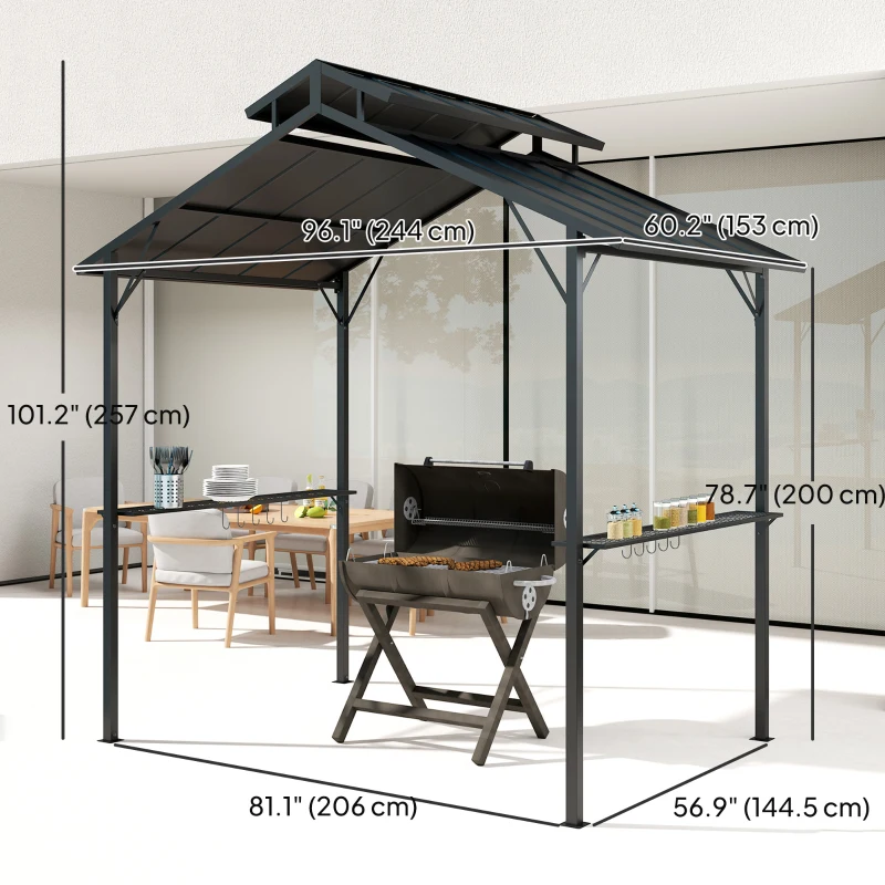 Outsunny 8 x 5ft Hardtop Grill Gazebo with Double Metal Roof, 2 Side Shelves and 10 Hooks for Patio Backyard Lawn Deck