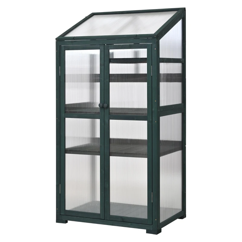 Portable Wood Greenhouse with Wheels & 3-Tier Shelf, Solid Wood Frame with Openable Roof for Balcony, 31.5'' L x 22.5'' W x 62'' H, Green