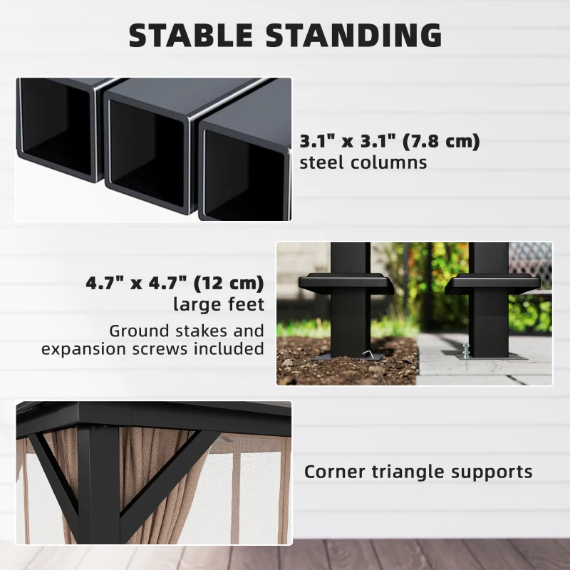 Outsunny 10' x 12' Hardtop Gazebo Canopy with Double PC Roof, Steel Permanent Outdoor Gazebo with Curtains and Netting, Khaki