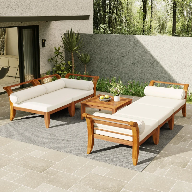 6 Piece Patio Sofa Set with Tea Table & Ottoman for Garden, Modular Sectional with 5 Thick Cushion, 30" L x 27.5" W x 16" H, Teak+Beige