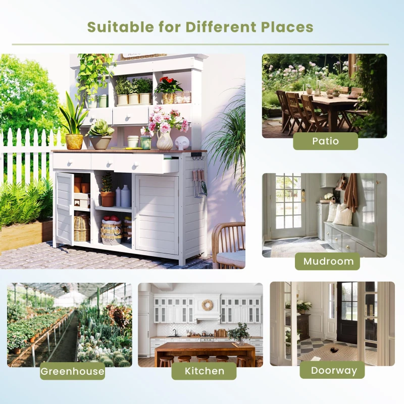 Garden Potting Bench with Hutch, 6 Drawer & 2 Cabinet, Tall Wood Workstation with 3 Shelf & Side Hooks, 50'' L x 20.5'' W x 65.5'' H, White