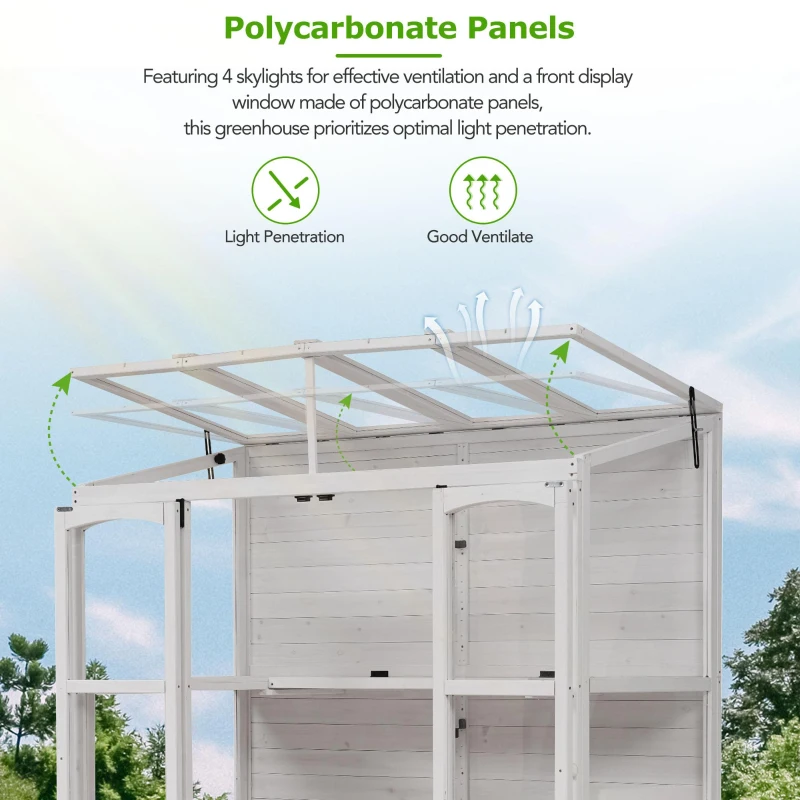 Walk-In Greenhouse with 4 Skylight & 2 Folding Shelf, Wood Cold Frame with Polycarbonate Panel for Garden, 58'' L x 29'' W x 78'' H, White
