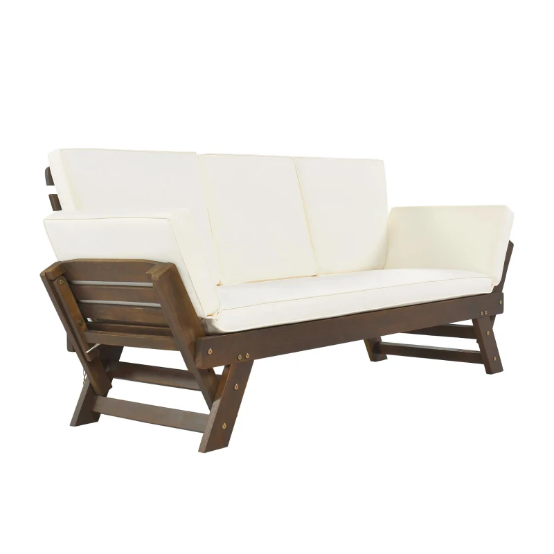 Expandable Acacia Wood Daybed with Cushions, Adjustable Patio Chaise Lounge for Compact Space, 78.5" L x 21.5" W x 32" H, Beige