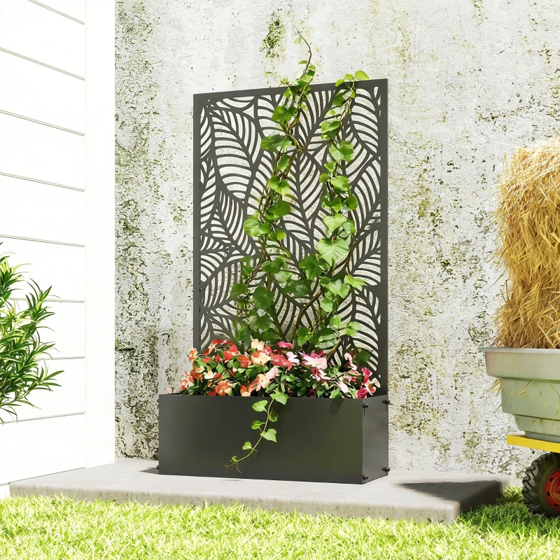 Outsunny Metal Planter Box with Trellis, 44.5" Raised Garden Bed with Trellis Privacy Screen for Climbing Plants, Leaves Cut-Out