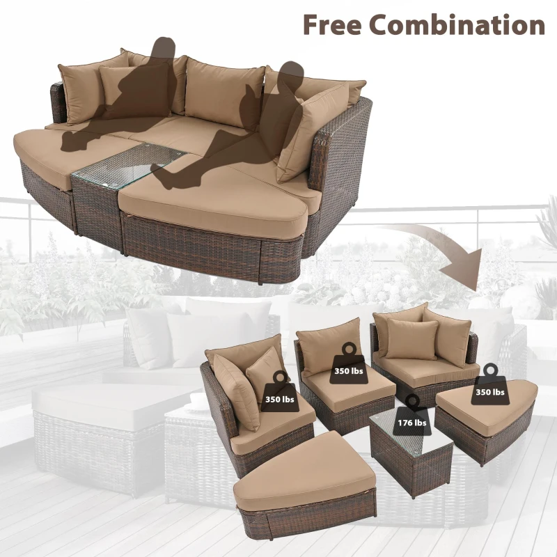 Round Patio Sofa Set with All-Weather Wicker & Thick Cushions, PE Rattan Conversation Group for Garden, 87" L x 61" W x 33.5" H, Brown