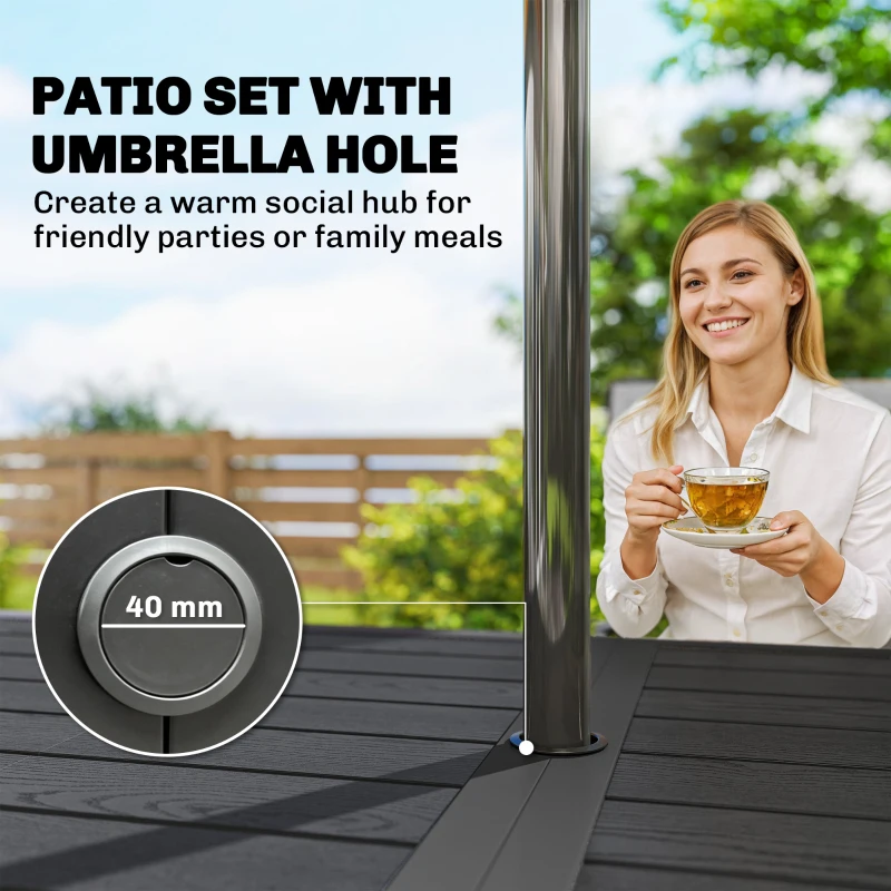 Outsunny Outdoor Dining Set for 6, Faux Wood Metal Patio Table and Mesh Stackable Chairs with Umbrella Hole, Mixed Grey