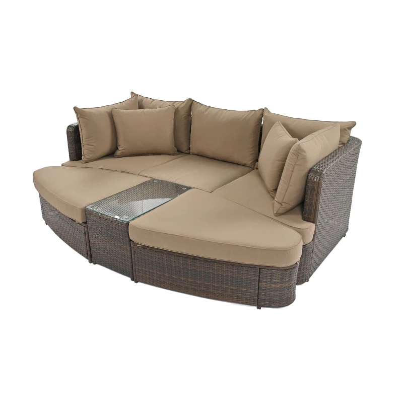 Round Patio Sofa Set with All-Weather Wicker & Thick Cushions, PE Rattan Conversation Group for Garden, 87" L x 61" W x 33.5" H, Brown