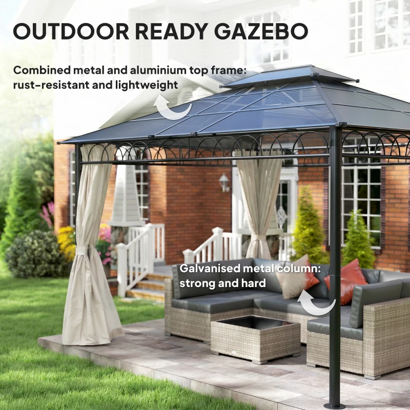 Outsunny 10' x 12' Outdoor Gazebo Canopy, Double Roof Hardtop Gazebo with Polycarbonate Roof, Steel Frame, Nettings and Curtains