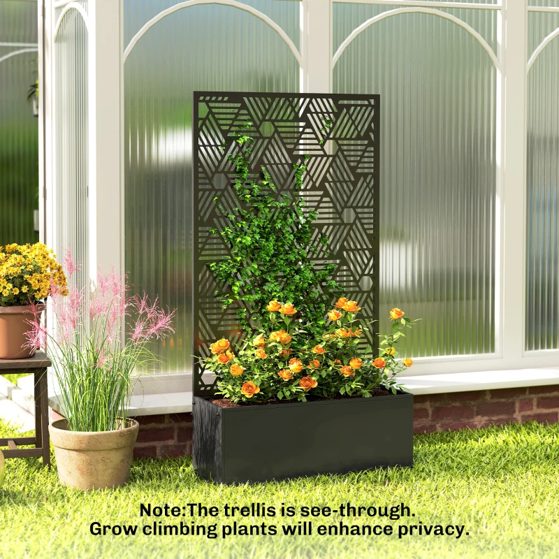 Outsunny Metal Planter Box with Trellis, 44.5" Tall Raised Garden Bed with Privacy Screen, Hexagon and Line Cut-Out
