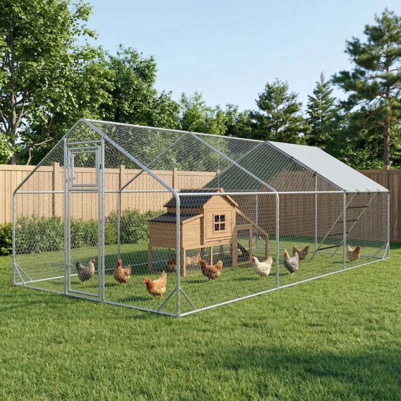 PawHut Metal Chicken Run w/ Waterproof & Anti-UV Cover, Feeding Door, Hanging Feeder, for 18-24 Chickens, 9.8' x 19.7' x 6.4'
