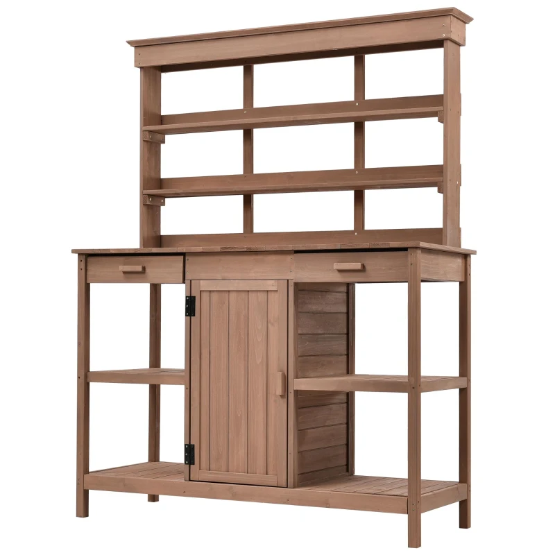 Farmhouse Wooden Potting Bench with 2 Drawer & Cabinet, Outdoor Garden Workstation with Storage Shelf, 50'' L x 20'' W x 66'' H, Brown