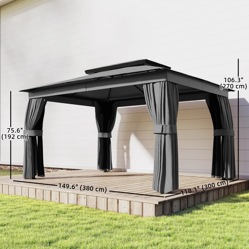 Outsunny 10' x 12.5' Outdoor Gazebo with Curtains and Netting, Double Roof Metal Patio Gazebo Canopy Shelter with Hook, Dark Grey