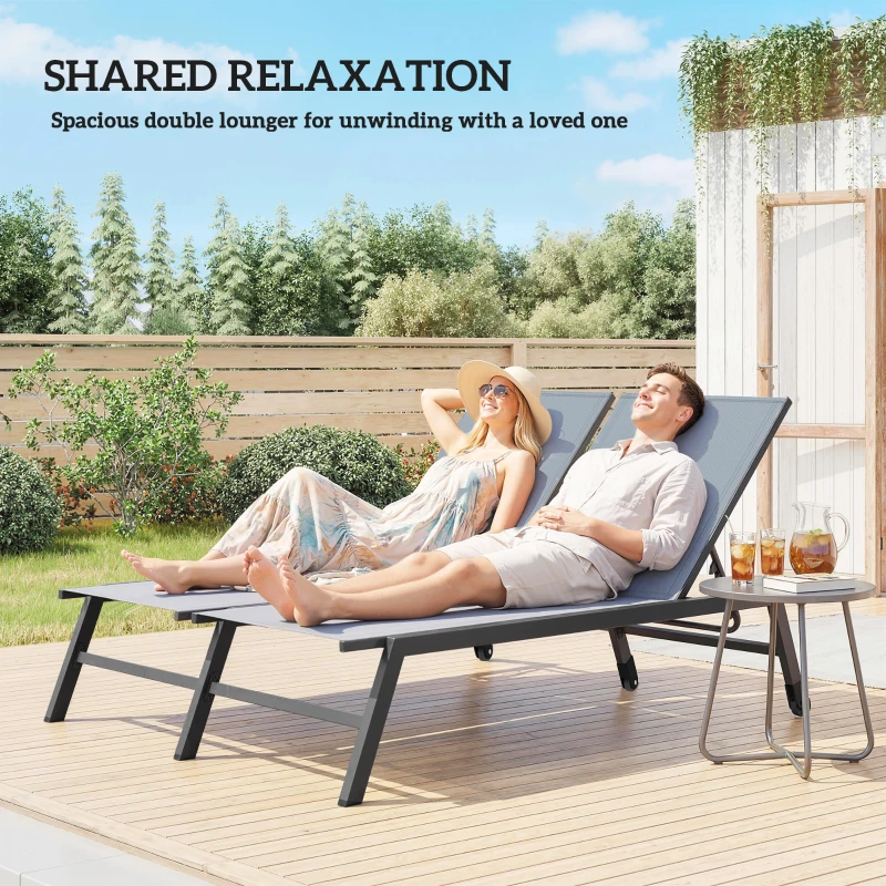 Outsunny Chaise Lounge Chair for 2 Person, Outdoor Lounge Chair with 5-Position Adjustable and Wheels
