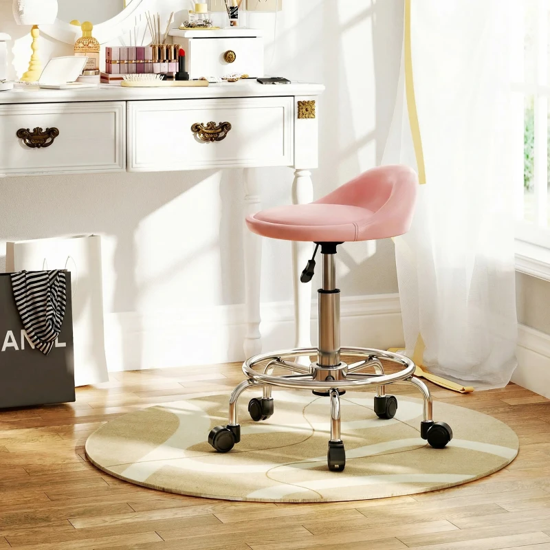 HOMCOM PU Leather Rolling Stool, Height Adjustable Swivel Salon Chair with Backrest and Foot Rest for Spa, Tattoo, Pink