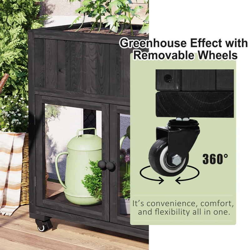 Mini Wood Cold Frame Greenhouse with Wheels for Patio, Elevated Garden Bed for Indoor Outdoor Use, 35.5" L x 17.5" W x 37.5" H, Black