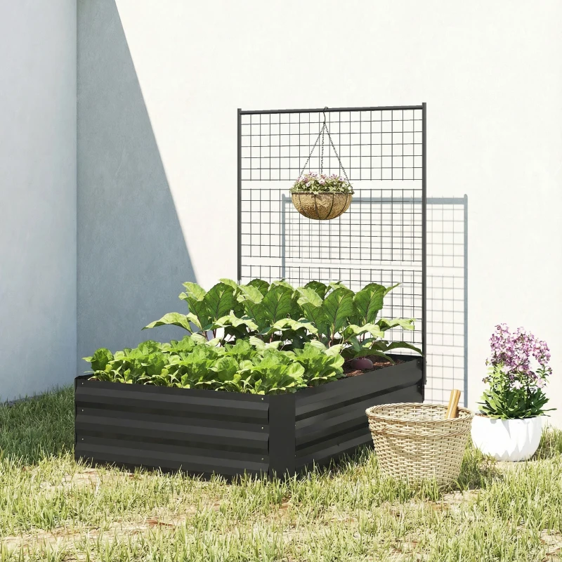 Outsunny Galvanized Raised Garden Bed with Trellis for Climbing Plants, Outdoor Planter Box with Open Bottom, Black