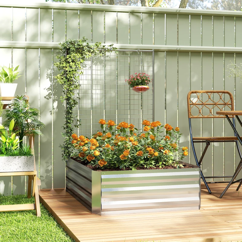 Outsunny Galvanized Raised Garden Bed with Trellis for Climbing Plants, Outdoor Planter Box with Open Bottom, Silver