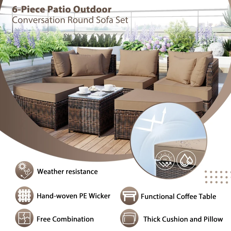 Round Patio Sofa Set with All-Weather Wicker & Thick Cushions, PE Rattan Conversation Group for Garden, 87" L x 61" W x 33.5" H, Brown