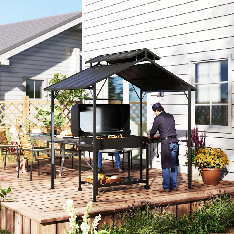Outsunny 8 x 5ft Hardtop Grill Gazebo with Double Metal Roof, 2 Side Shelves and 10 Hooks for Patio Backyard Lawn Deck