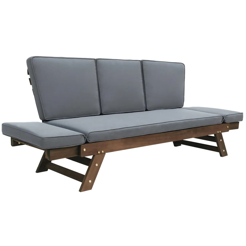 Expandable Acacia Wood Daybed with Cushions, Adjustable Patio Chaise Lounge for Compact Space, 78.5" L x 21.5" W x 32" H, Gray