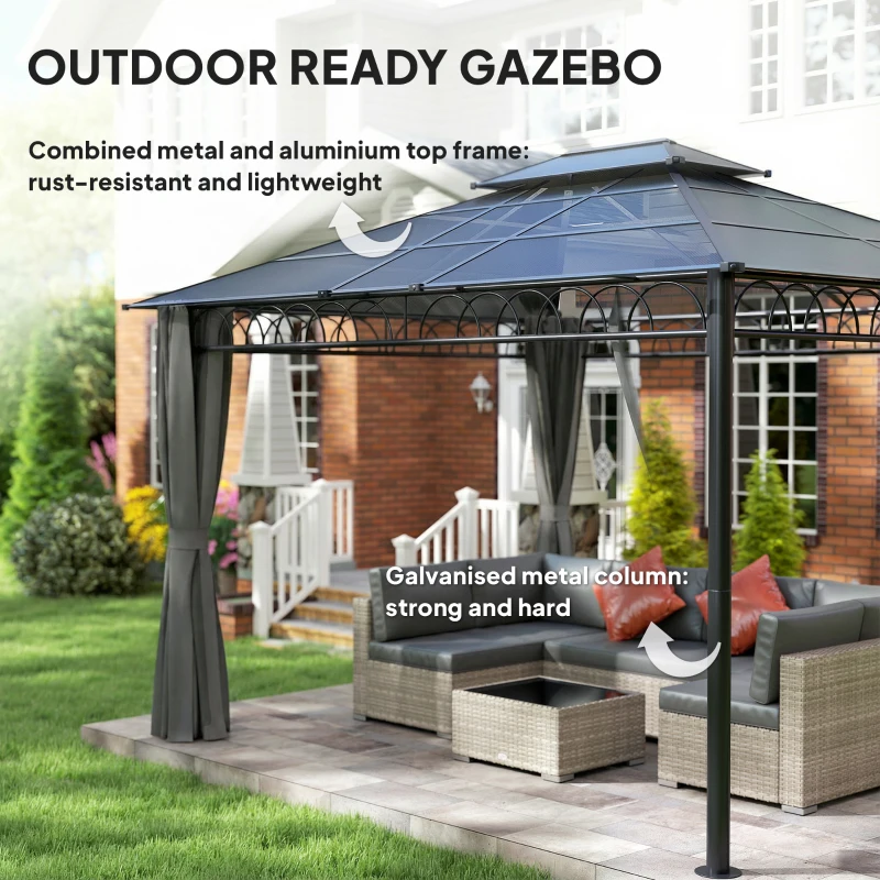 Outsunny 10' x 12' Outdoor Gazebo Canopy, Double Roof Hardtop Gazebo with Polycarbonate Roof, Steel Frame, Nettings and Curtains