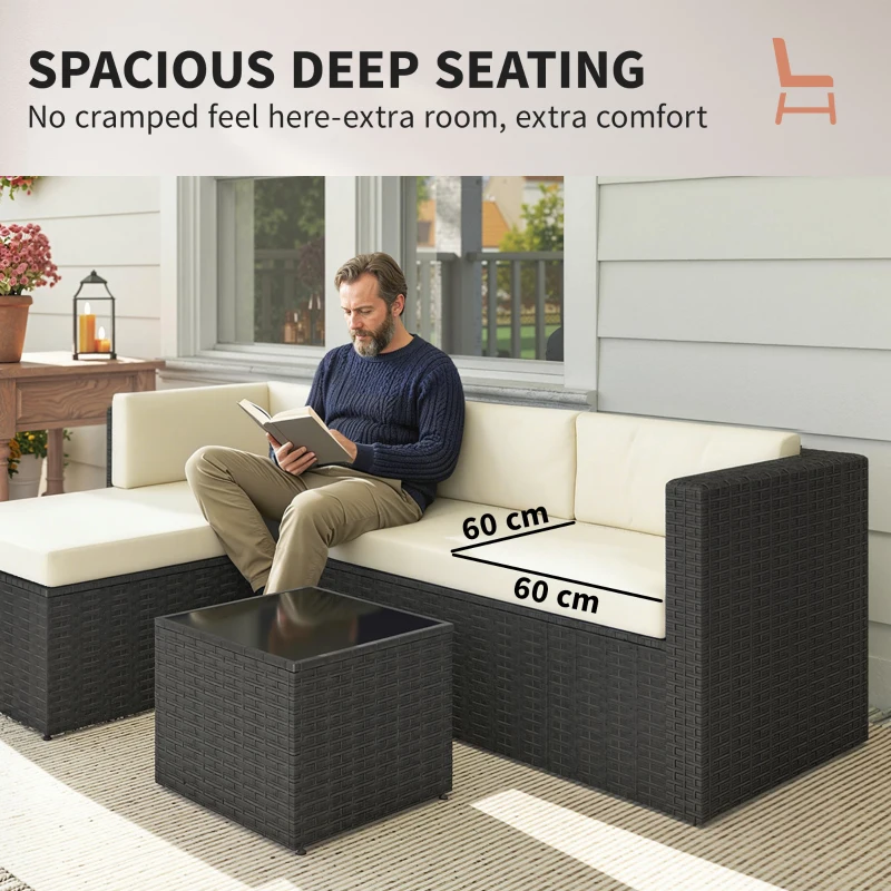 Outsunny 3 Piece Patio Furniture Set, Wicker Outdoor Patio Conversation Furniture Set with Cushions, Glass Top Table, Beige