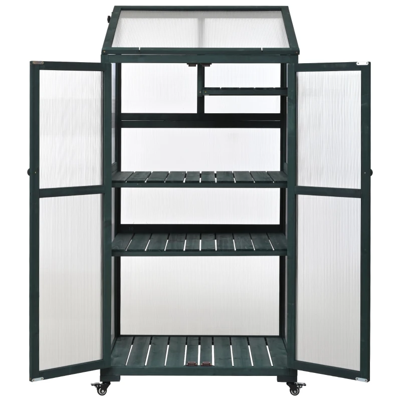 Portable Wood Greenhouse with Wheels & 3-Tier Shelf, Solid Wood Frame with Openable Roof for Balcony, 31.5'' L x 22.5'' W x 62'' H, Green