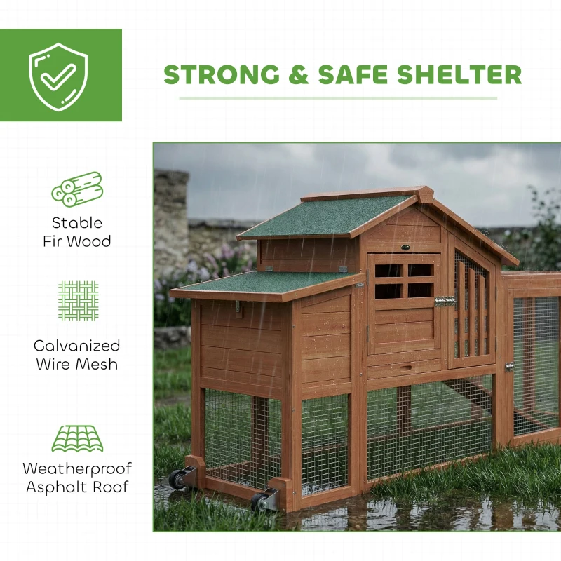 PawHut Chicken Coop with Run Mobile Wooden Hen House with Nesting Box Pull-out Tray for 1-2 Chickens Orange