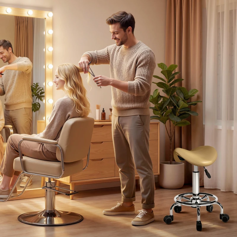 HOMCOM Saddle Stool, PU Leather Adjustable Rolling Salon Chair, Light Brown