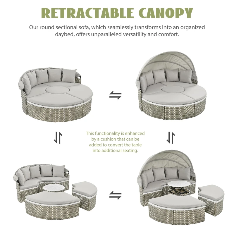 Round Rattan Patio Daybed with Retractable Canopy and Table, Versatile Sunbed with Separate Garden Seating, 66.5" L x 65" W x 53.5" H, Gray