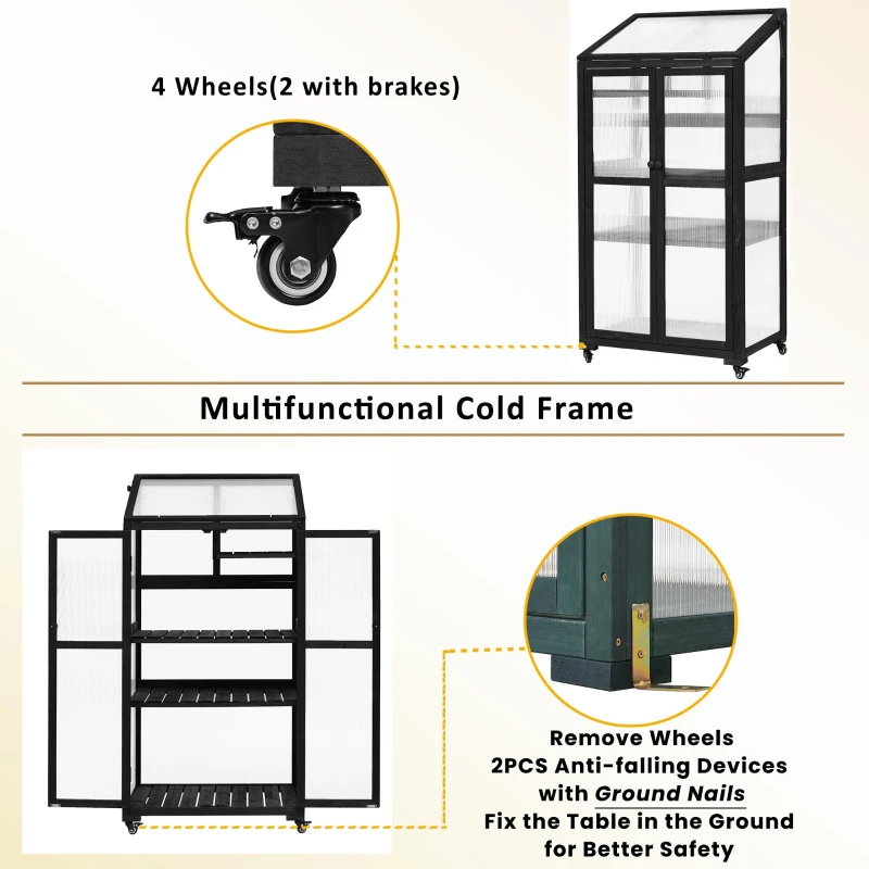 Portable Wood Greenhouse with Wheels & 3-Tier Shelf, Tall Cold Frame with Vented Roof for Balcony Garden, 31.5'' L x 22.5'' W x 62'' H, Black