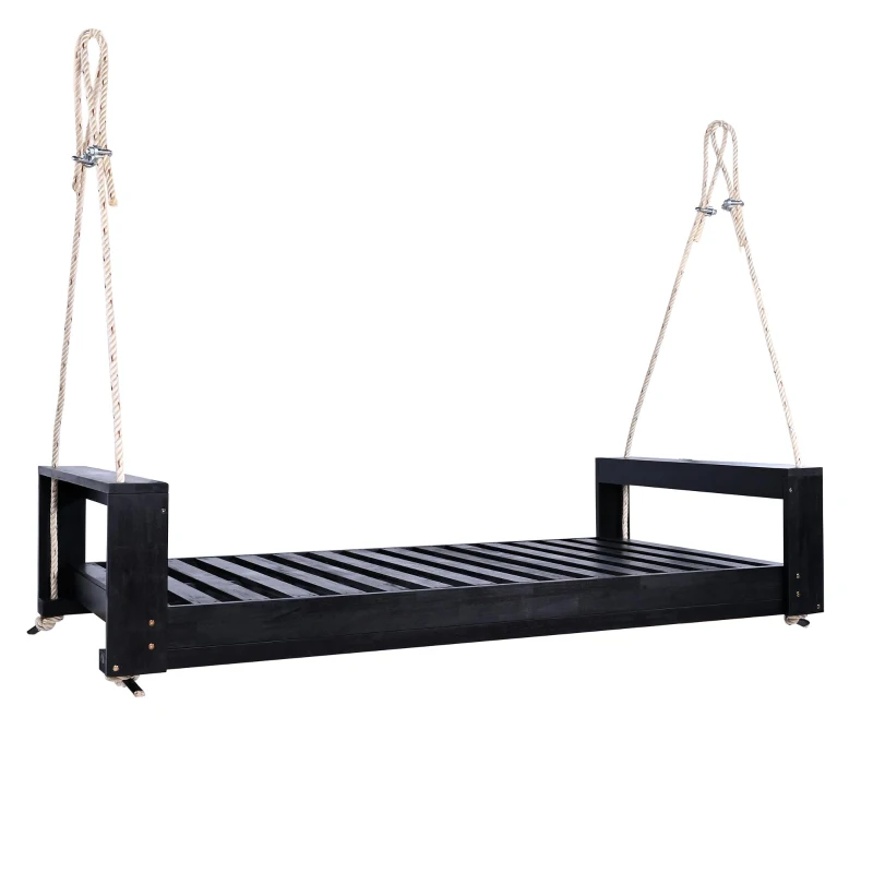 Twin Size Porch Swing Bed for Patio, Garden & Backyard, Acacia Wood Hanging Daybed with Hemp Rope, 86'' L x 41.5'' W x 17.5'' H, Black